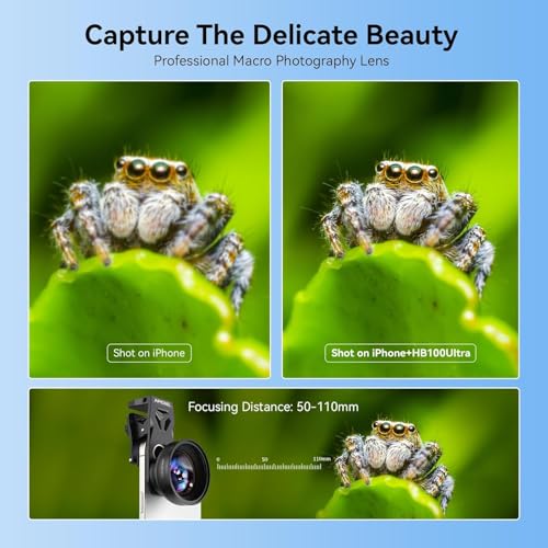 Upgraded Professional Macro Lens for Smartphone, HB100U Macro Photography Lens for iPhone, Aluminum Phone Camera Lens Kit with Universal Clip. Phone Lens Attachment Fit for iPhone, Android Phone.