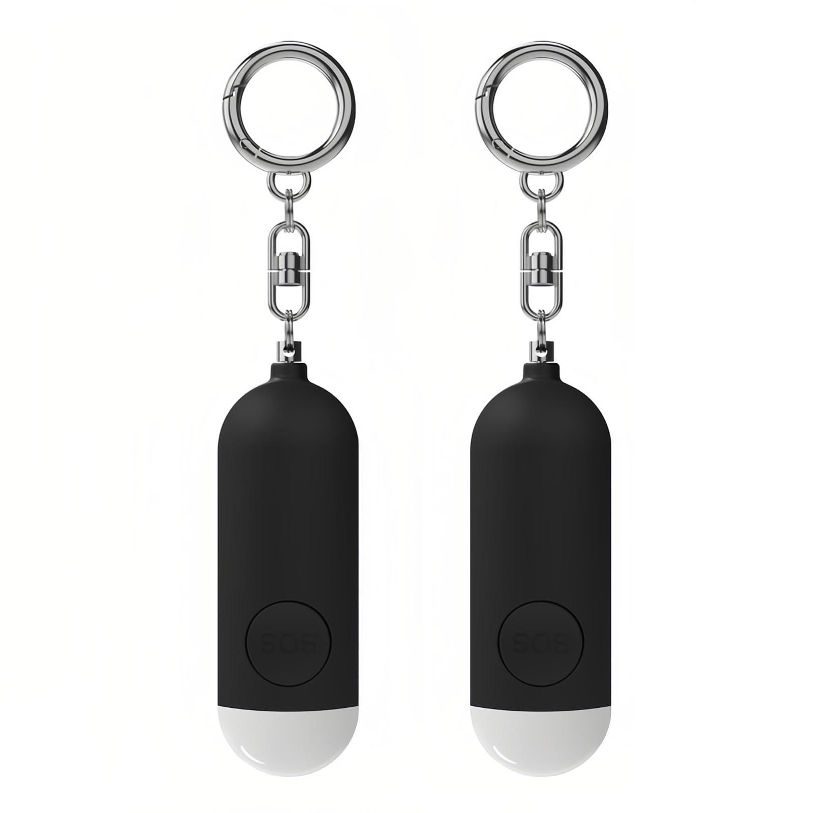 Pack de 2 alarmas personales de 130 dB ruidoso con luz de emergencia LED, aviso de batería débil, llavero portátil, recargable, alarma de seguridad para mujeres, niños, personas mayores, negro