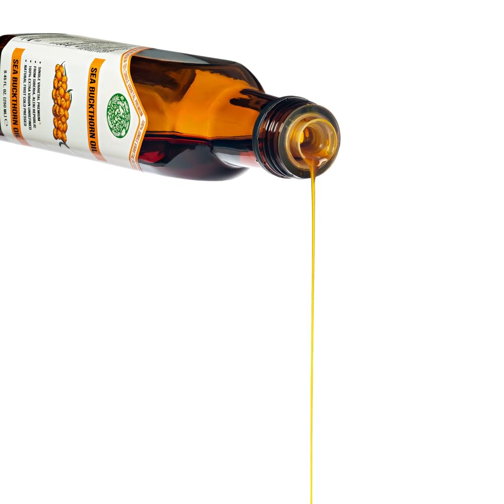 Aceite de Espino Amarillo Verde Siberiano – 250 ml Aceite de Fruta Hippophae Monovarietal, Virgen Extra Sin Refinar, Prensado en Frío