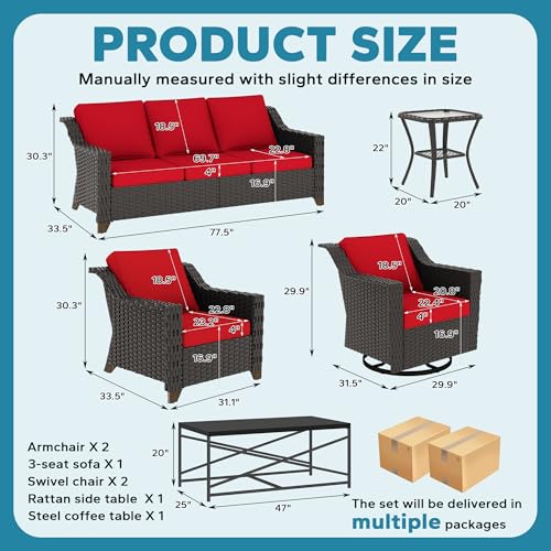 Image of 7 Pieces Outdoor Conversation Furniture Set - 77 inch Patio Sofa, 2 Armchairs, 2 Swivel Glider Chairs, 1 Side Table, 1 Metal Table, Patio Wicker Couch with Washable Cushions for Porch (Red) | Patio Chair Set with Olefin Removable Cushion, All-Weather Outdoor Couch with Deep Seat for Porch, Deck and Backyard, Red