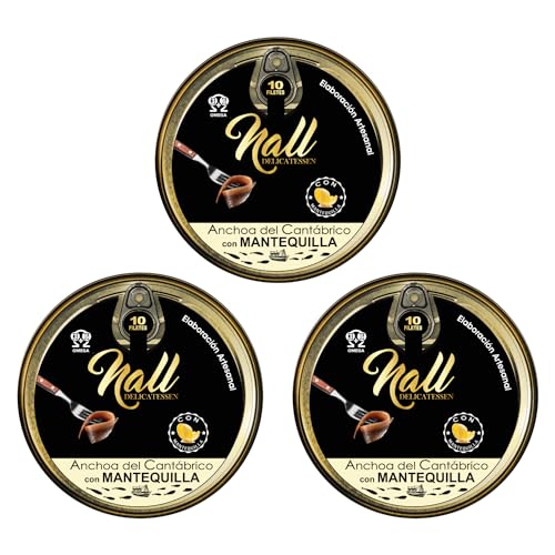 NALL DELICATESSEN Anchoas del Cantábrico XL 00 con MANTEQUILLA | Elaboración Artesanal con Aceite de Oliva Virgen Extra | 10 Filetes/lata (3 Latas)