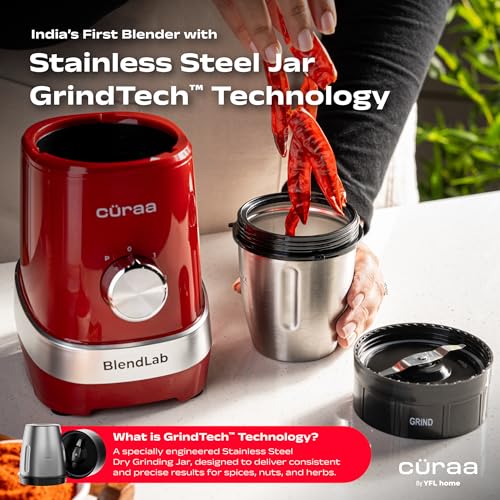 Image of CURAA BlendLab by Chef Sanjyot Keer | Blender Mixer Grinder for Kitchen with Stainless Steel Jar | Dry & Wet Grinding | 100% Copper Motor | Smoothies, Masala, Chutney | 2 Year Warranty (Red)