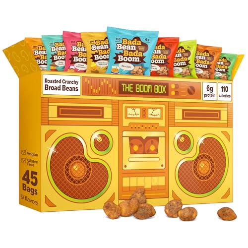 Image of Bada Bean Bada Boom, Crunchy Roasted Broad Bean Snacks (Fava), High Protein, Vegan, Gluten-free - 110 Calorie Packs, The Boom Box Variety Pack, 1 Ounce (Pack of 45)