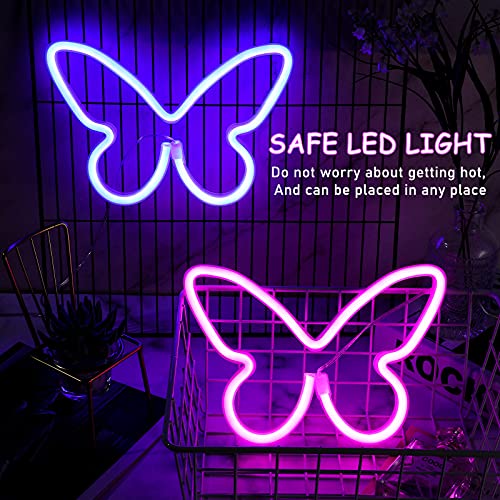 image for Riakrum 2 Pieces Butterfly Neon Signs Pink Blue Butterfly LED Light 3-