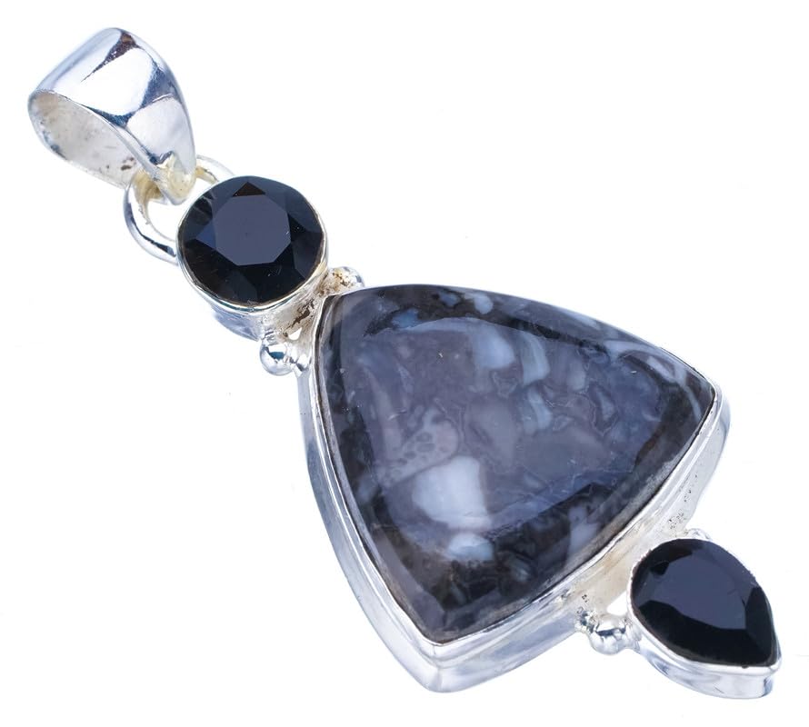 Pendentif jaspe pinolith naturel et onyx noir en argent 925
