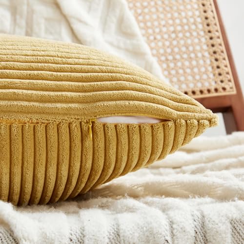Image of Fancy Homi Set of 4 Boho Fall Decorative Throw Pillow Covers 20x20 Inch for Couch Bed Sofa Bedroom, Modern Farmhouse Home Decor, Soft Cross Striped Corduroy Patchwork Colorful Cushion Case 50x50cm
