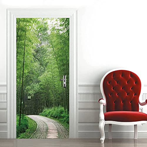 Mural De Puerta 3D Para Decoración Interior Del Hogar Paisaje De Camino De Bosque De Bambú Verde 90 X 210 Cm Pegatinas De Puerta, Póster, Papel Tapiz Para Sala De Estar, Dormitorio, Baño, Oficina, Pe
