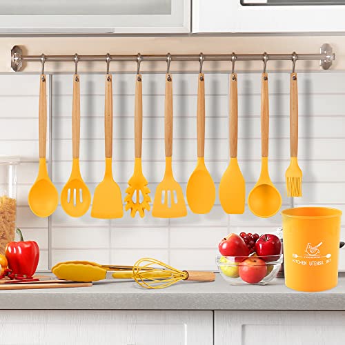 12 Pcs Silicone Cooking Utensils Kitchen Utensil Set - 446°F Heat Resistant,Turner Tongs,Spatula,Spoon,Brush,Whisk. Yellow Kitchen Gadgets Tools Set With Holder For Nonstick Cookware (Bpa Free) #TOP6