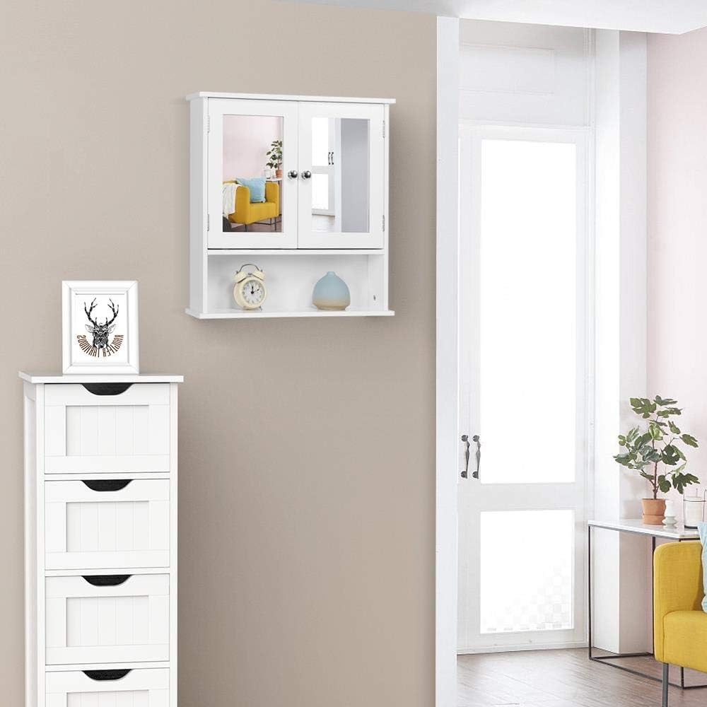 Yaheetech Armarios con Espejo para Baño Armario de Pared con 2 Puertas Mueble de Pared de baño Espejo con Estante Mueble para Baño Cocina 56×13×58cm Blanco
