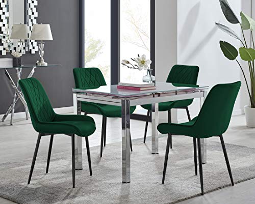 Furniturebox UK Enna White Tinted Glass Extending Dining Table and 4 Green Velvet Pesaro Chairs with Black Legs Modern Dining Set