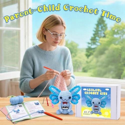 Image of Pnytty Crochet Kit for Beginners, Blue Axolotl Crochet Starters Kit