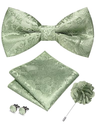 JEMYGINS Sage Green Paisley Bow Tie Pre-tied Bowtie and Pocket Square Cufflinks Lapel Pin Sets for Men(2)