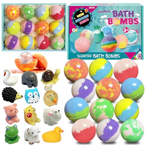 Bath Bombs for Kids, 12pcs Bath Bombs with Surprise Toys Inside, Natural and Organic Colorful Bubble Bath Fizz Bomb for Kids, Gift Set for Birthday, Halloween, Christmas for Boys and Girls