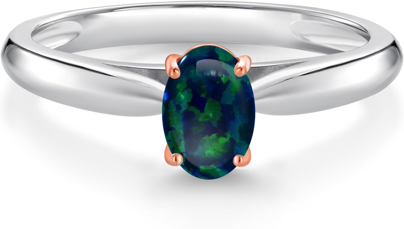 Gem Stone King 925 Sterling Silver and 10K Rose Gold Prongs Green Simulated Opal Solitaire Engagement Ring For Women (0.50 Cttw, Oval Cabochon 6X4MM, Gemstone October Birthstone)