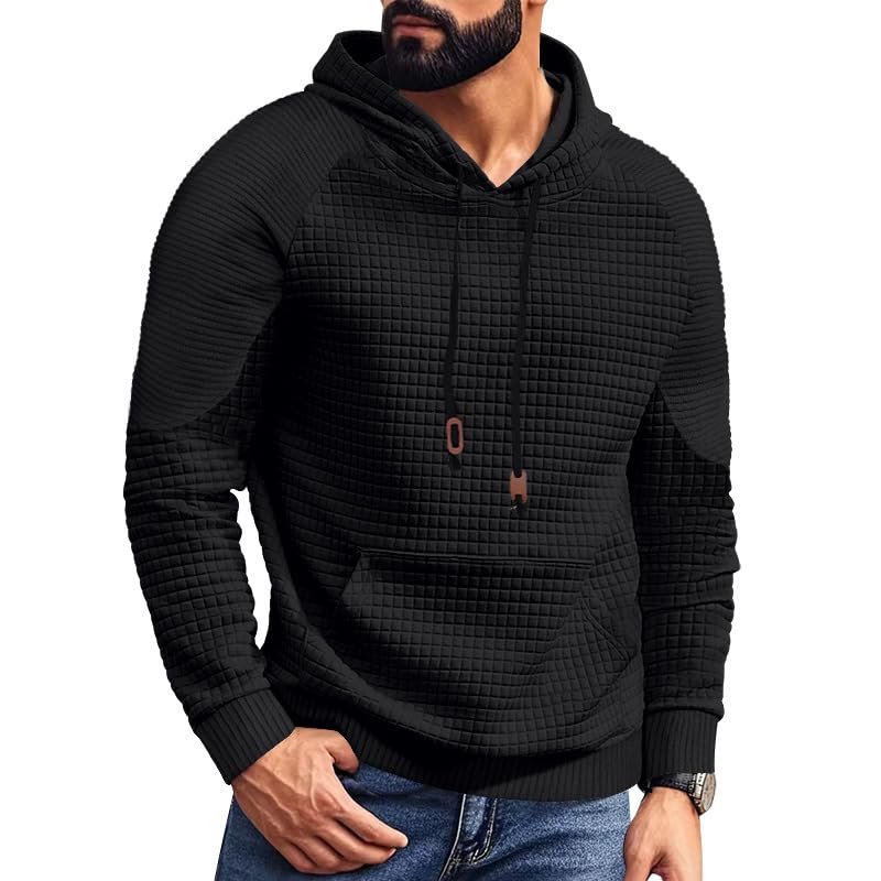 Mens Plaid Hoodies Sweatshirt Casaul Long Sleeve Drawstring Waffle Knit Hooded Fall Winter Tops with Pocket4