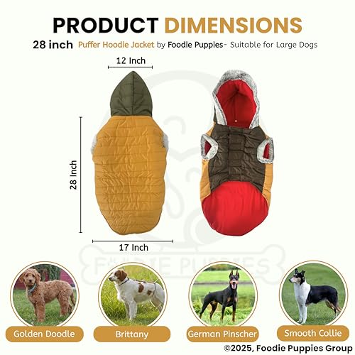 Image of Foodie Puppies Dog Puffer Hoodie Warm Winter Jacket - (Yellow Olive, 28 Inch) for Large Dogs | Ultra Warm Waterproof & Windproof Fur Coat | Washable Pet Vest Apparel for Cold Weather