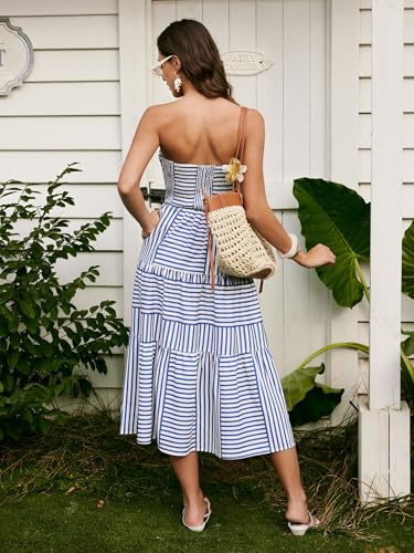 Image of CIDER Women's Strapless Dress with Pockets Tube Striped Long Midi Dresses A Line Beach Vacation Casual Summer Outfits