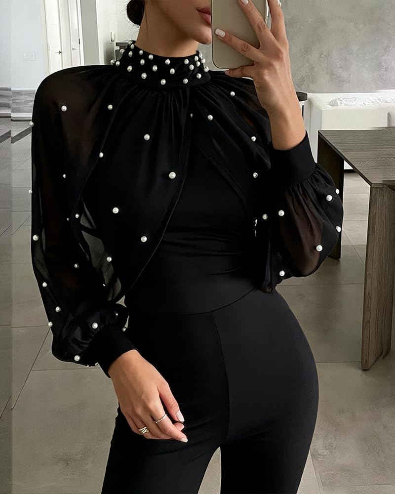 Jumpsuits for Women Mock Neck Lantern Long Sleeve Overalls Flared Date Night Jumpsuit Spring Going Out Outfits - Image 6