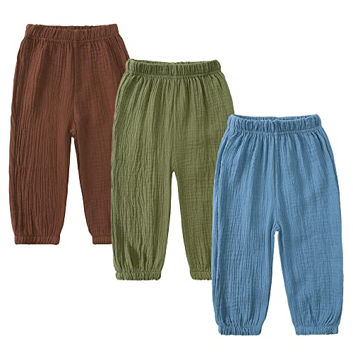 Image of Kids Tales 3 Pack Boys Girls Cotton Linen Pants Child Basic Plain Solid Trousers Big Kids Elastic Waist Long Pants Bloomers