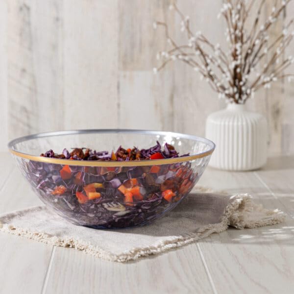 EcoQuality 112 oz Clear Hammered Salad Bowl with Gold Rim - Disposable, Elegant Tableware for Casual and Special Occasions Modern Decorative Salad Bowl Ideal for Dining and Entertaining (2)