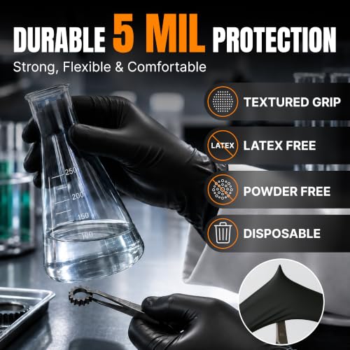 Image of Disposable 5 & 8 Mil Black Nitrile Gloves S-XL - Heavy Duty Latex & Powder-Free - Textured, Chemical-Resistant