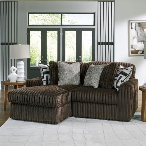 Image of Signature Design by Ashley 2-Piece Sectional Sofa with Chaise, Brown | 100% polyester jumbo corduroy, Compact L shaped layout, Engineered wood frame, Includes 6 pillows, Midnight-Madness