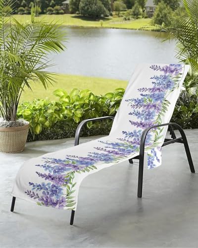 Spring Floral Beach Chair Towel Covers for Chaise Lounge with Side Pocket, Soft Plush Pool Towels Cover for Patio Sunbathing Outdoor 29''x85'' Watercolor Leaves Plant Butter-fly