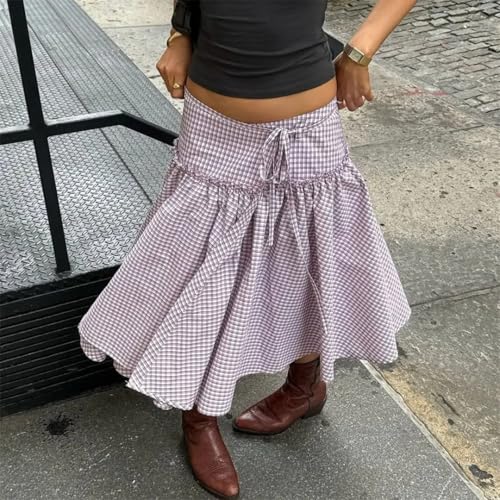 Womens Vintage Aesthetic Plaid Print Straps Lace-Up Ruffled Low Waist Belted Midi A-Line Skirts4