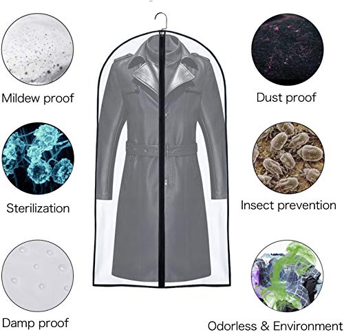 UOUEHRA Hanging Moth Proof Garment Bag Cover Lightweight Clear White PEVA Breathable Bags (Pack of 6) with Study Full Zipper for Suit Clothes Storage Closet (24''X60'' Black) - Thumbnail 5