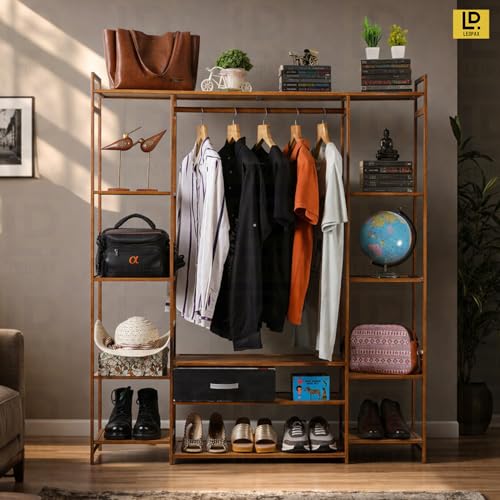 Image of LEOPAX Natural Bamboo Multipurpose 3 Layer Clothing Garment Rack Free Standing Clothes Coat Hanger, Portable Wardrobe Closet Organizer (Size - 140x30x150cm)