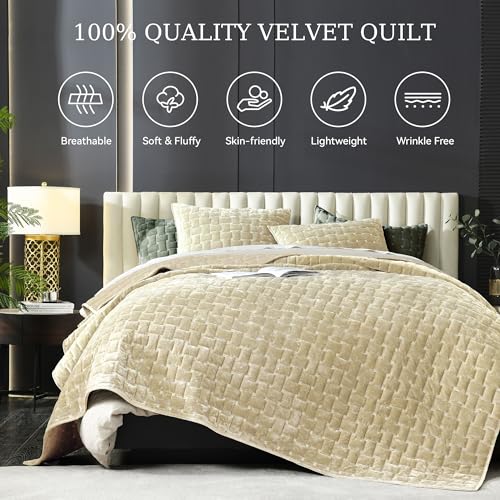 Image of Grassix Velvet Quilt Set King Size, Luxury Geometric Design, Beige | Lightweight Velvet Comforter with 2 Pillow Shams, Soft Bedspread Coverlet, Quilted Bedding Set for All Seasons, 108 inchx96 inch