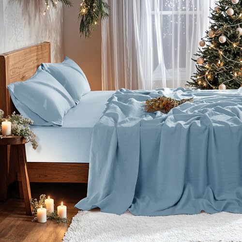 Image of 100% Pure Linen Sheet Set for Hot Sleepers, 4 Pcs Bedding Set 16 Inch Deep Pocket Full Size (Dusty Blue Full)