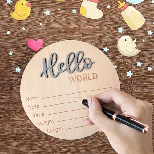 Image of Baby Announcement Sign, 5.9 Inch Wooden Hello World Newborn Signs, Birth Announcement Sign, Baby Shower Hospital Nursery for Newborn Boys and Girls (Gray)