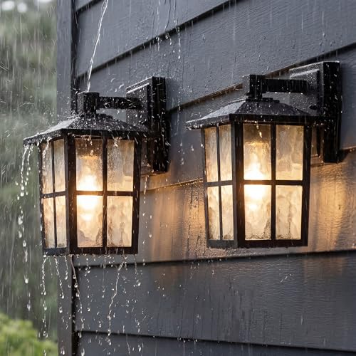 KDG Outdoor Waterproof Patio Wall Light Fixtures Set of 2, Black E26 Socket Exterior Lanterns with Tempered Glass, Modern Wall Mounted Lamp Suitable for Home, Front Door, Garden, Garage, Porch