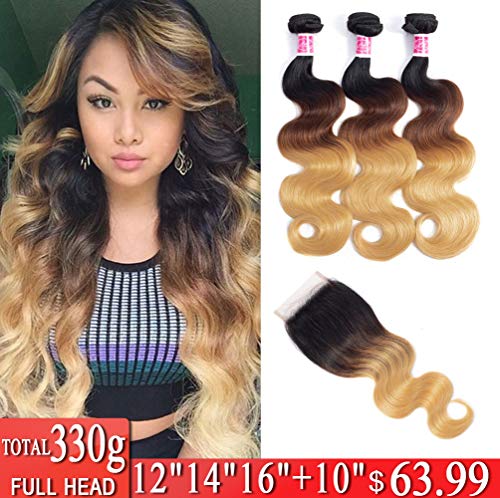 Ombre Brazilian Hair Bundles With Closure Body Wave 8A Grade Human Virgin Hair 3 Bundles With 4×4 Lace Closure Free Part 1b/4/27 3 Tone Blonde Color Hair Extensions(12 14 16+10 Free Part)