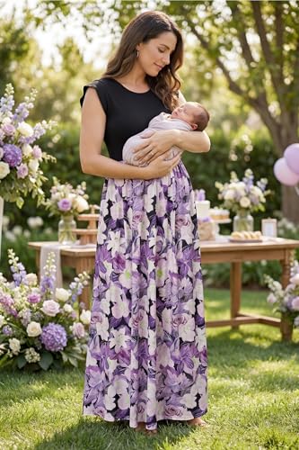 Image of OUGES Women's Maternity Dress Summer Ruffle Sleeve Patchwork Casual Flowy Maxi Dresses with Pockets