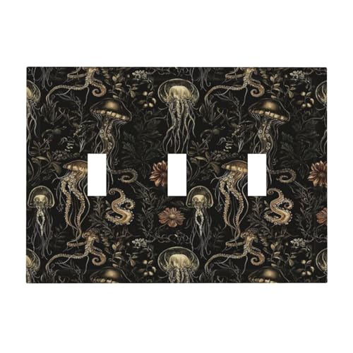 Decorative Switch Plate Covers Black Gold Jellyfish Squid Deep Sea Creatures 3 Gang Light Switch Cover Plate Triple Toggle Wall Plate Light Switch Covers for Bedroom Home Decor