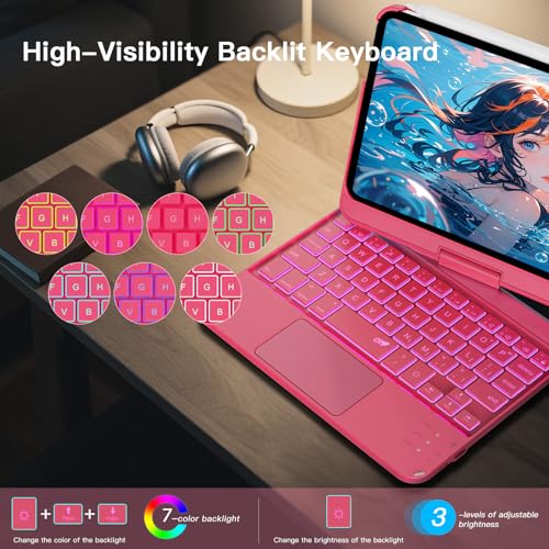 Image of RAYMCRAFT Keyboard Case for iPad mini 7 (A17 Pro, 2024) & Mini 6 (2021) 8.3-inch, 360 Rotatable, 7 Color Backlit, Multi-Touch Trackpad, Wireless Keyboard for iPad mini 7th /6th Generation, Hot Pink