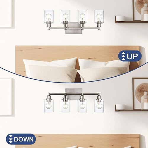 Miniatura 6 de 4 luces de tocador de baño, modernas lámparas de pared cromadas con pantallas de vidrio transparente, accesorios industriales de tocador para cocina
