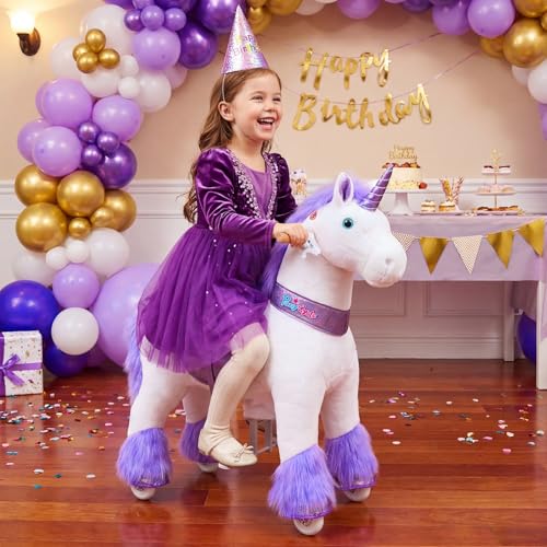 Image of PonyCycle Ride on Unicorn Horse Toys for Girls Toddler Rocking Horse (with Brake / 30 inch Height /Size 3 for Age 3-5) Purple Unicorn Plush Kids Ride on Toys Walking Unicorn Birthday Gifts Ux306