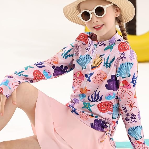 Image of Vogseek 3-12T Girls Rash Guard 2 Pieces Bathing Suit Long Sleeve Swimsuit Swimming Skirt with Shorts Swimwear