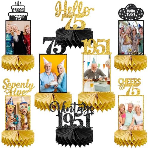 Image of Eucutur 8Pcs 75th Birthday Decorations Honeycomb Centerpieces for Women Men, Black Gold Vintage 1951 75th Bday Photo Table Centerpieces Party Supplies, Glitter Cheers to 75 Year Old Bday Table Topper