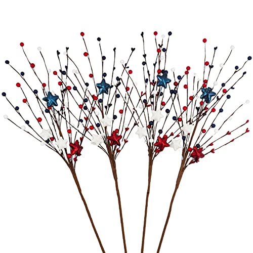Ruidazon 4 Pcs Patriotic Picks With Red White Blue Stars Flowers Spray For 4Th Of July Decoration, 26.7” Artificial 4Th Of July Flowers Berry Stems For National Day Independence Day Decor #TOP13