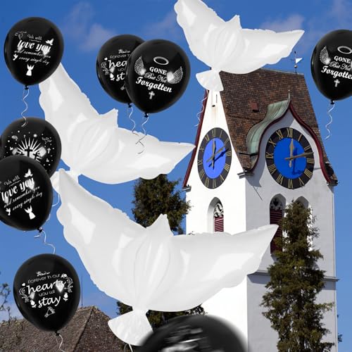 Image of 4PCS White Dove Balloons and 35PCS Memorial Balloons to Release in Sky Memorial Balloon for Release Happy Heavenly Balloon for Condolence, Funeral, Anniversary, Remembrance Services