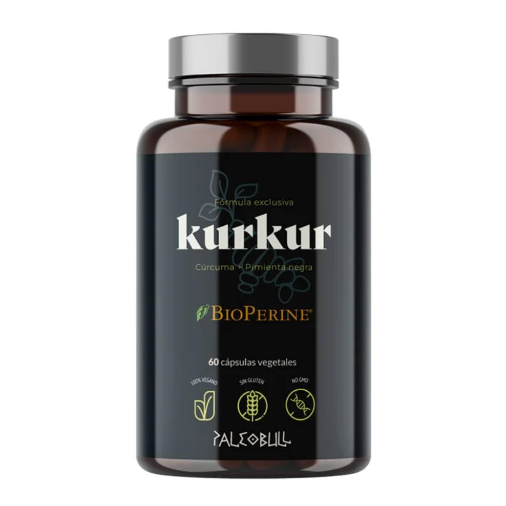Kurkur con Cúrcuma y Bioperine® Paleobull 60 cápsulas vegetales, fórmula con extracto seco y cúrcuma en polvo, sin gluten, formato diario para 2 meses, apoyo botánico práctico.