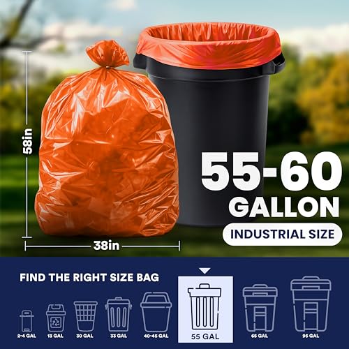 Image of Plasticplace 55-60 gallon Trash Bags │ 1.2 Mil │ Orange Heavy Duty Garbage Can Liners │ 38 inch x 58 inch (50 Count)