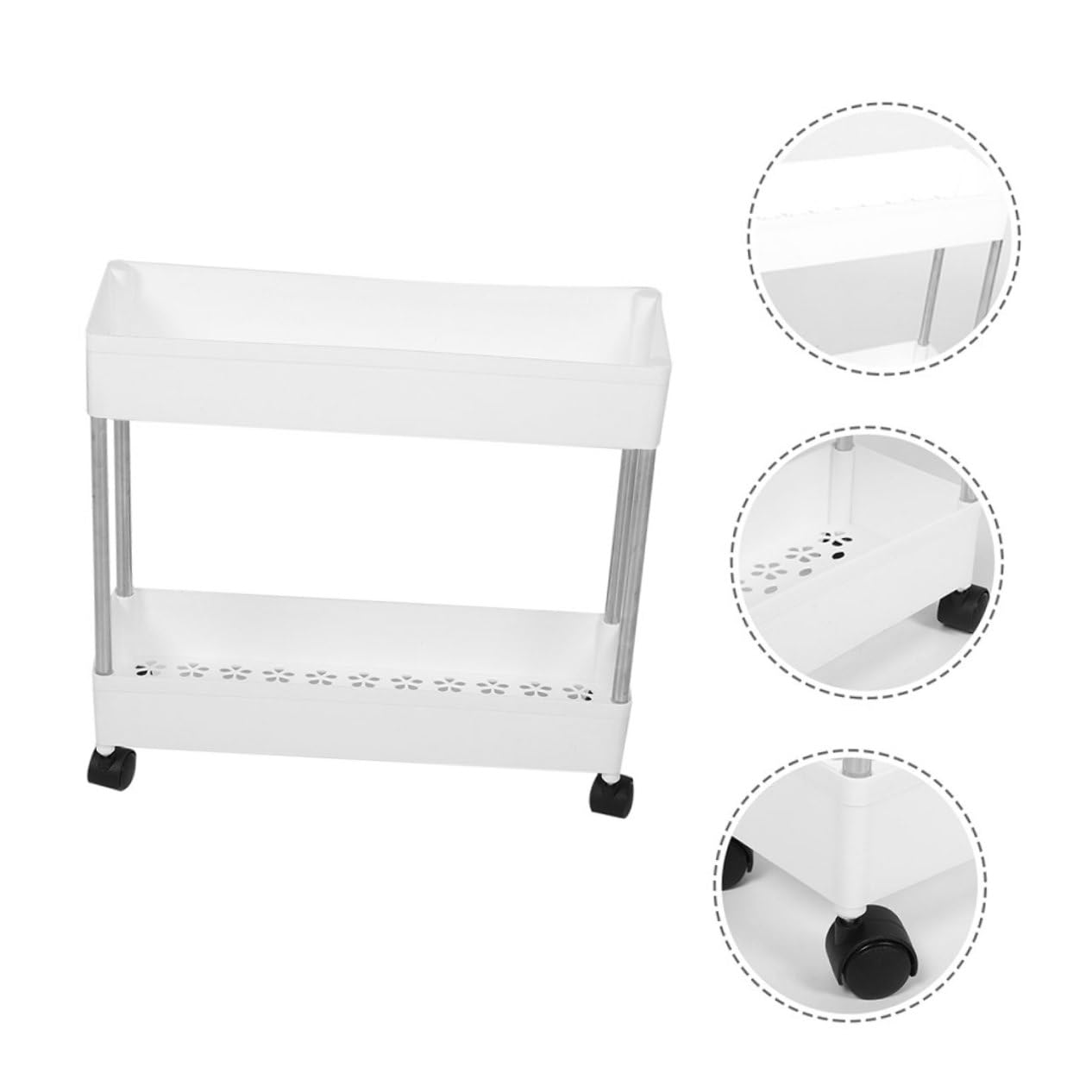 Carrello Multiuso a 3 Livelli Bianco in Plastica e Ferro, Ruote, Salvaspazio, per Bagno e Lavanderia, Scaffale Mobile