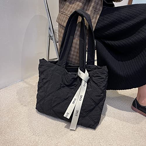 Image of Puffer Quilted Tote Bag for Women Puffy Padded Crossbody Purse Soft Lightweight Shoulder Bag with Zipper
