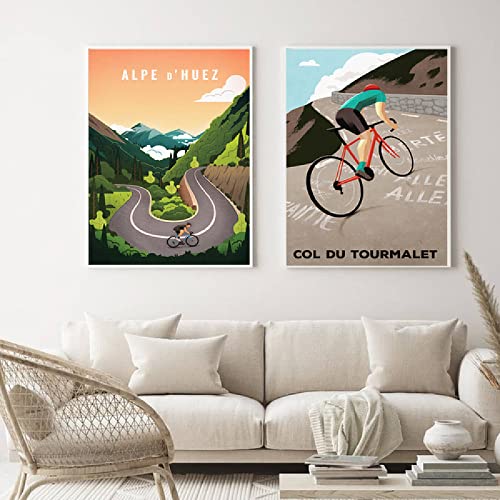 Alpe d'Huez Cyclisme Souvenir Vintage Affiche et Impression Classique Toile Peinture Créativité Mur Art Vélo Cadeau Décor À La Maison Photos 40X60cmX2 No Frame