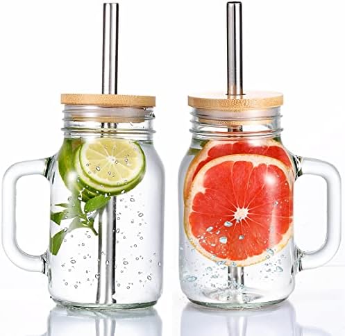AmzFan Mason Jar with Lid and Straw, 2 Pack 20 OZ Mason Jars with Handle, Mason Jar Cups, Drinking Glasses Tumbler Reusable Boba Cups Smoothie Water Bottles for Iced Coffee, Milkshake, Smoothie, Tea